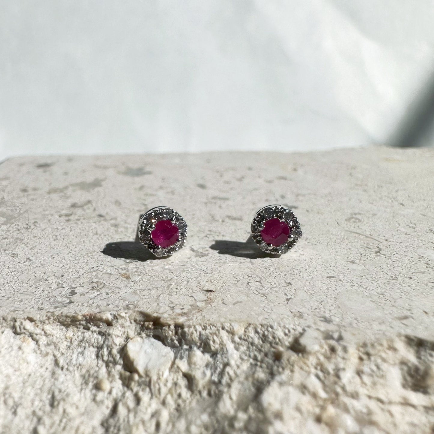 14K Solid Gold Genuine Diamond and Ruby Halo Studs/Pair