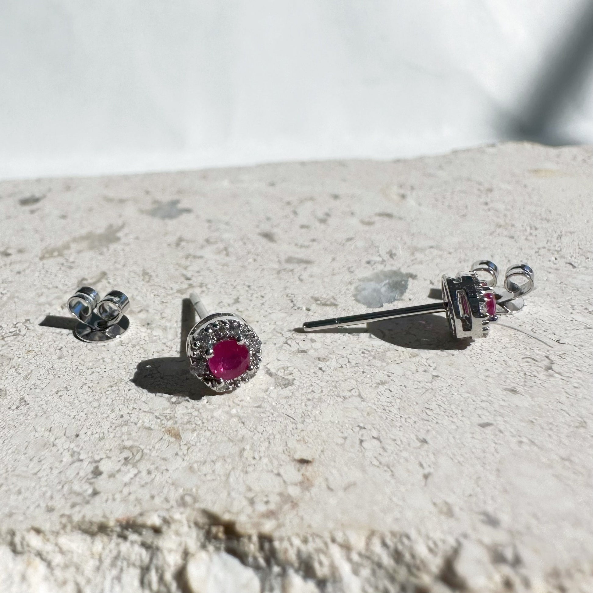 14K Solid Gold Genuine Diamond and Ruby Halo Studs/Pair