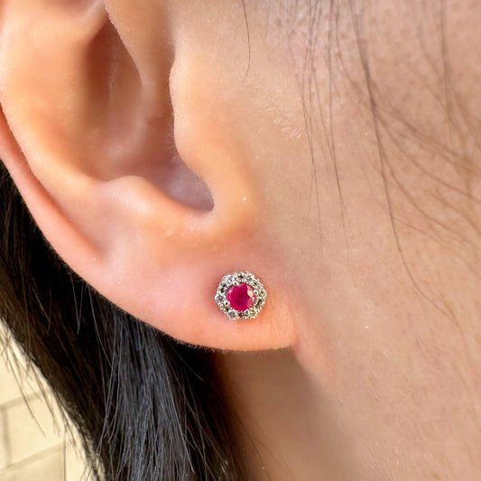 14K Solid Gold Genuine Diamond and Ruby Halo Studs/Pair