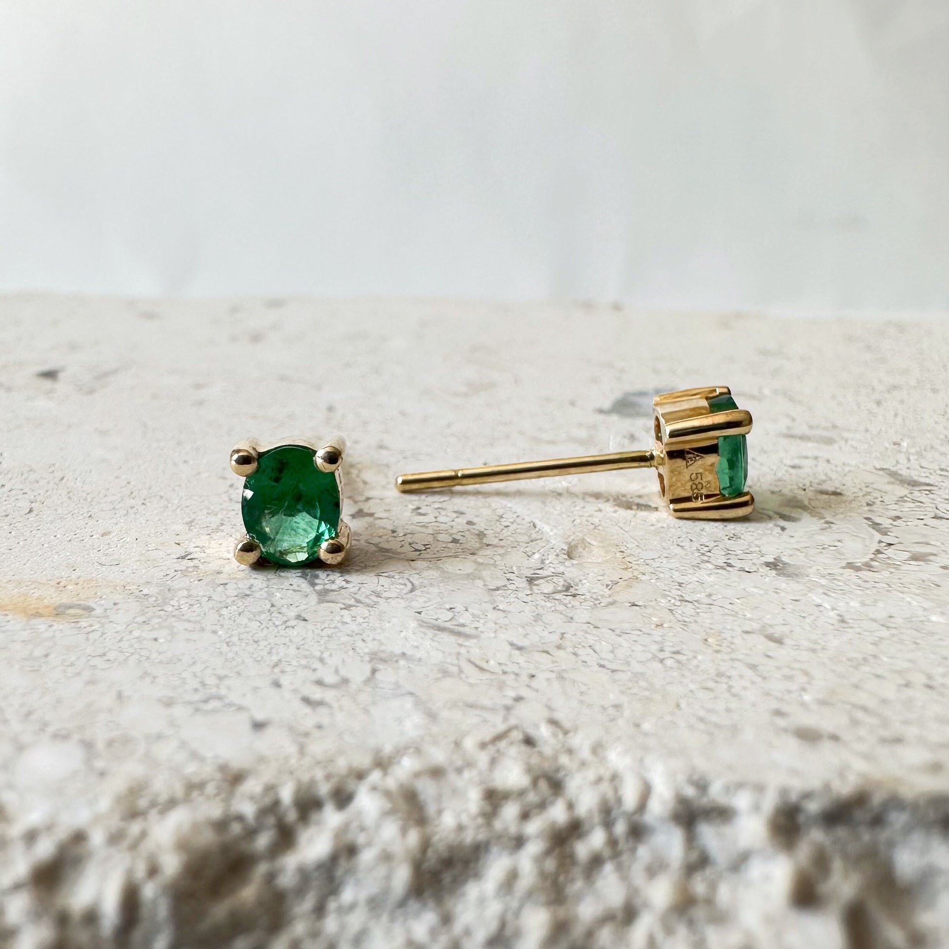 14K Solid Gold Genuine Emerald Studs