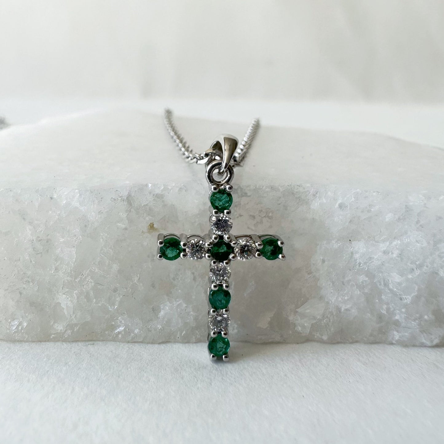 14K Solid Gold Genuine Emerald and Diamond Cross Pendant (pendant only)