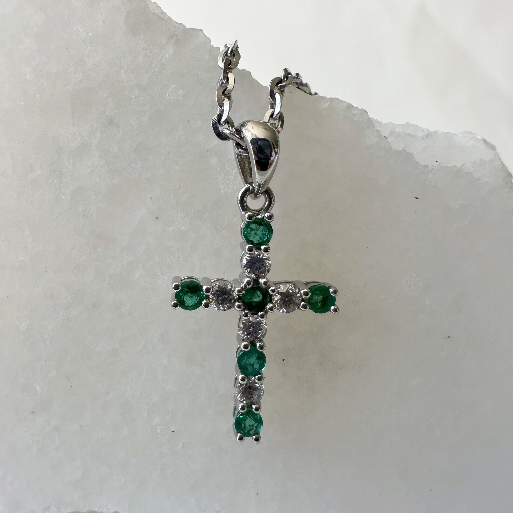 14K Solid Gold Genuine Emerald and Diamond Cross Pendant (pendant only)