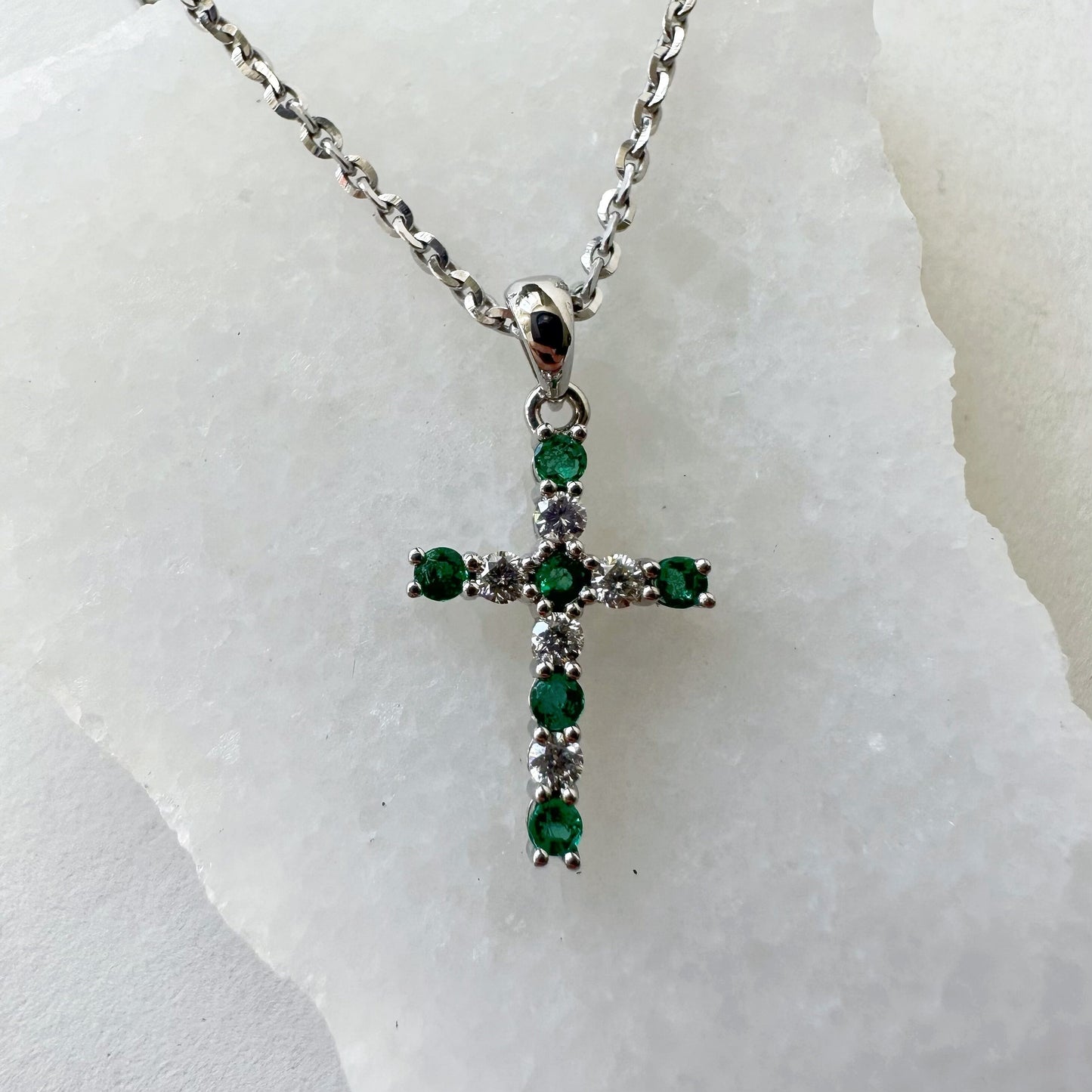 14K Solid Gold Genuine Emerald and Diamond Cross Pendant (pendant only)