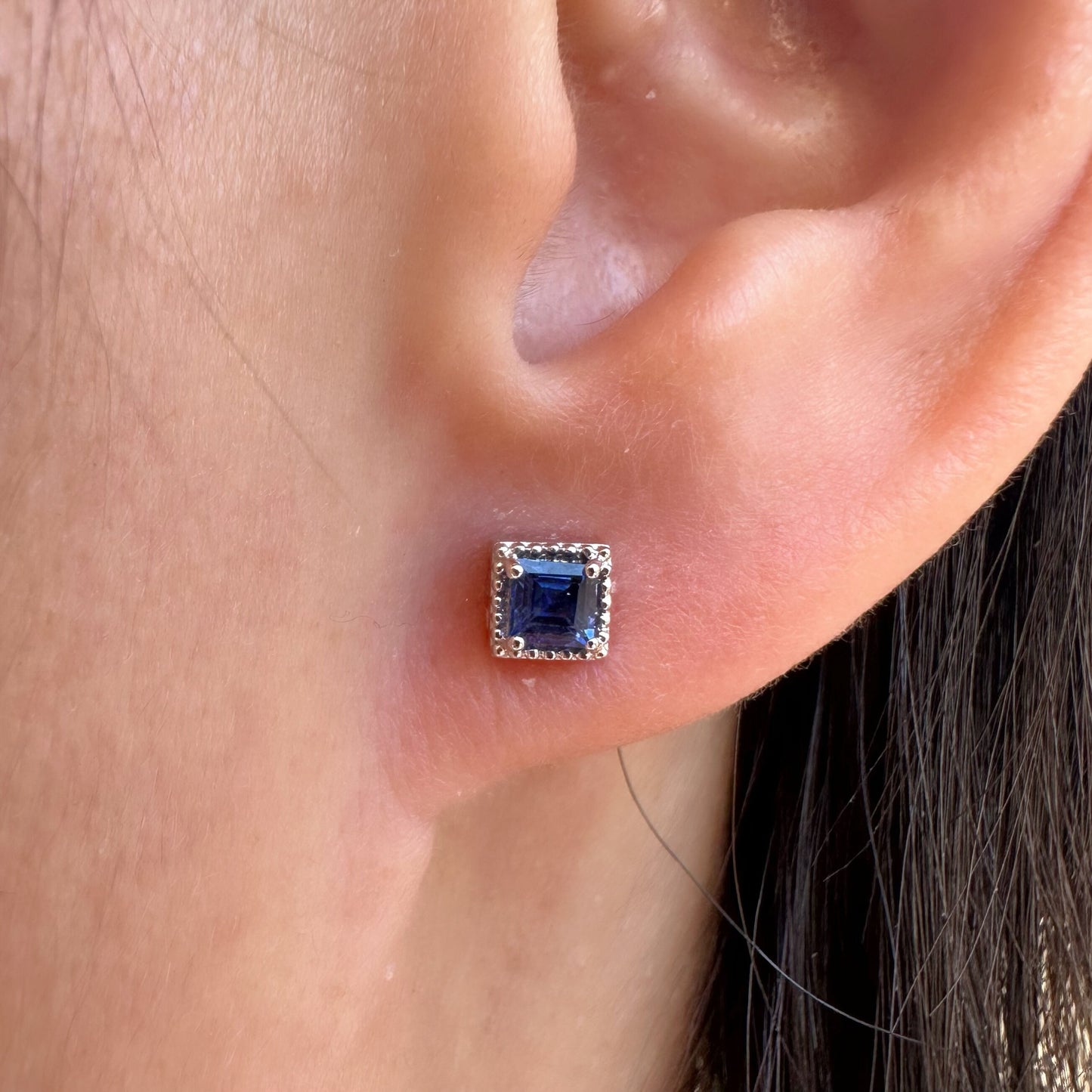 14K Solid Gold Genuine Sapphire Square Fancy Studs/Pair