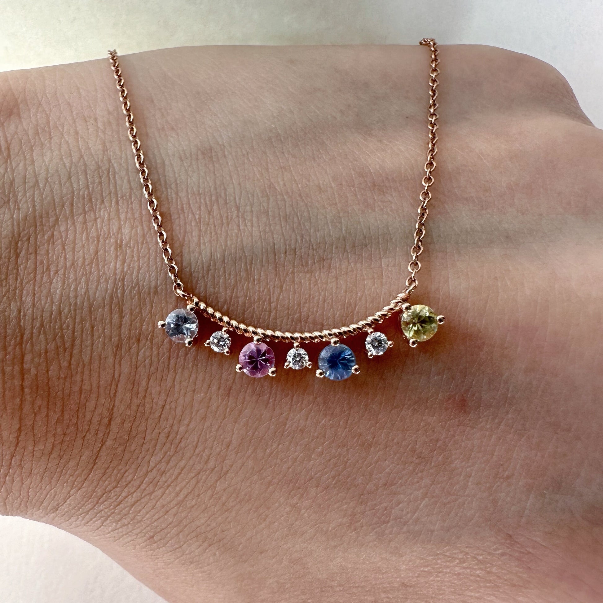 18K Solid Rose Gold Genuine Diamond and Color Sapphire Curved Necklace