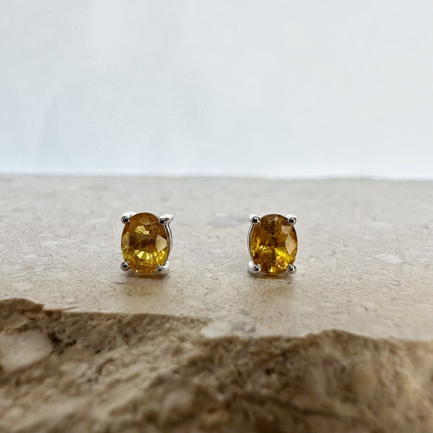 14K Solid Gold Genuine Yellow Sapphire Oval Studs/Pair