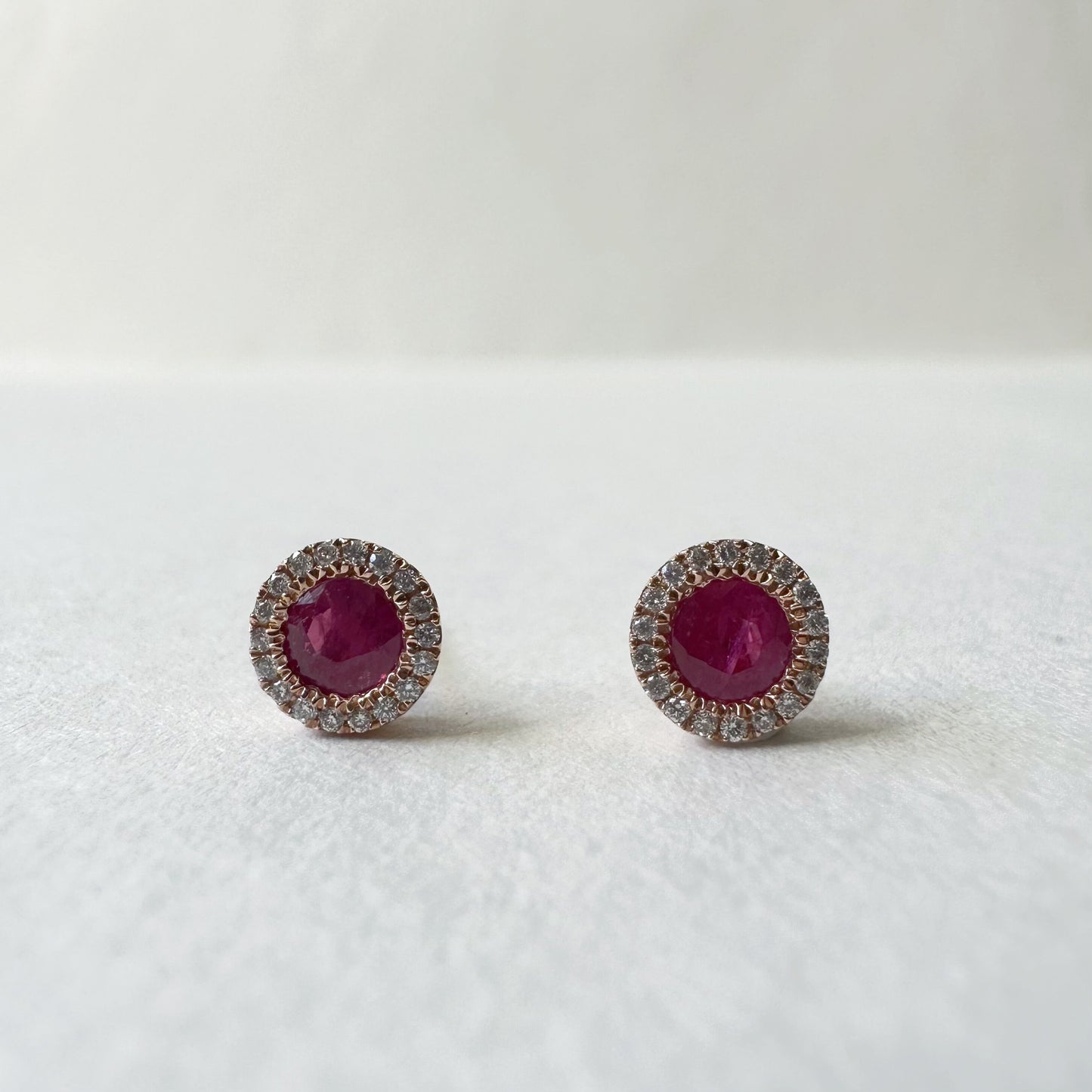 14K Solid Rose Gold Genuine Ruby and Diamond Circle Studs/Pair