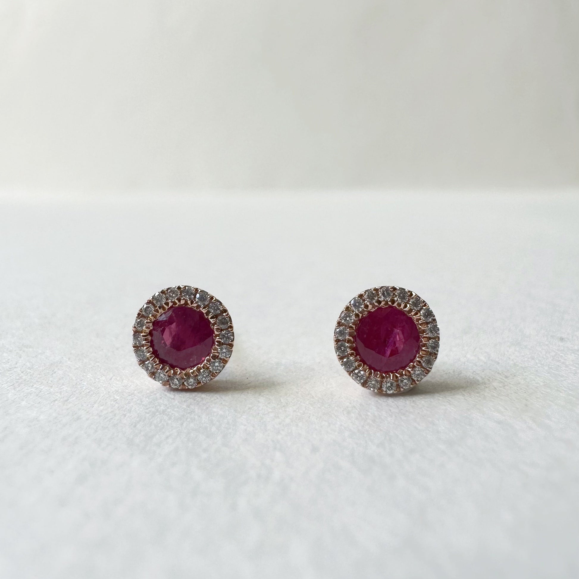 14K Solid Rose Gold Genuine Ruby and Diamond Circle Studs/Pair