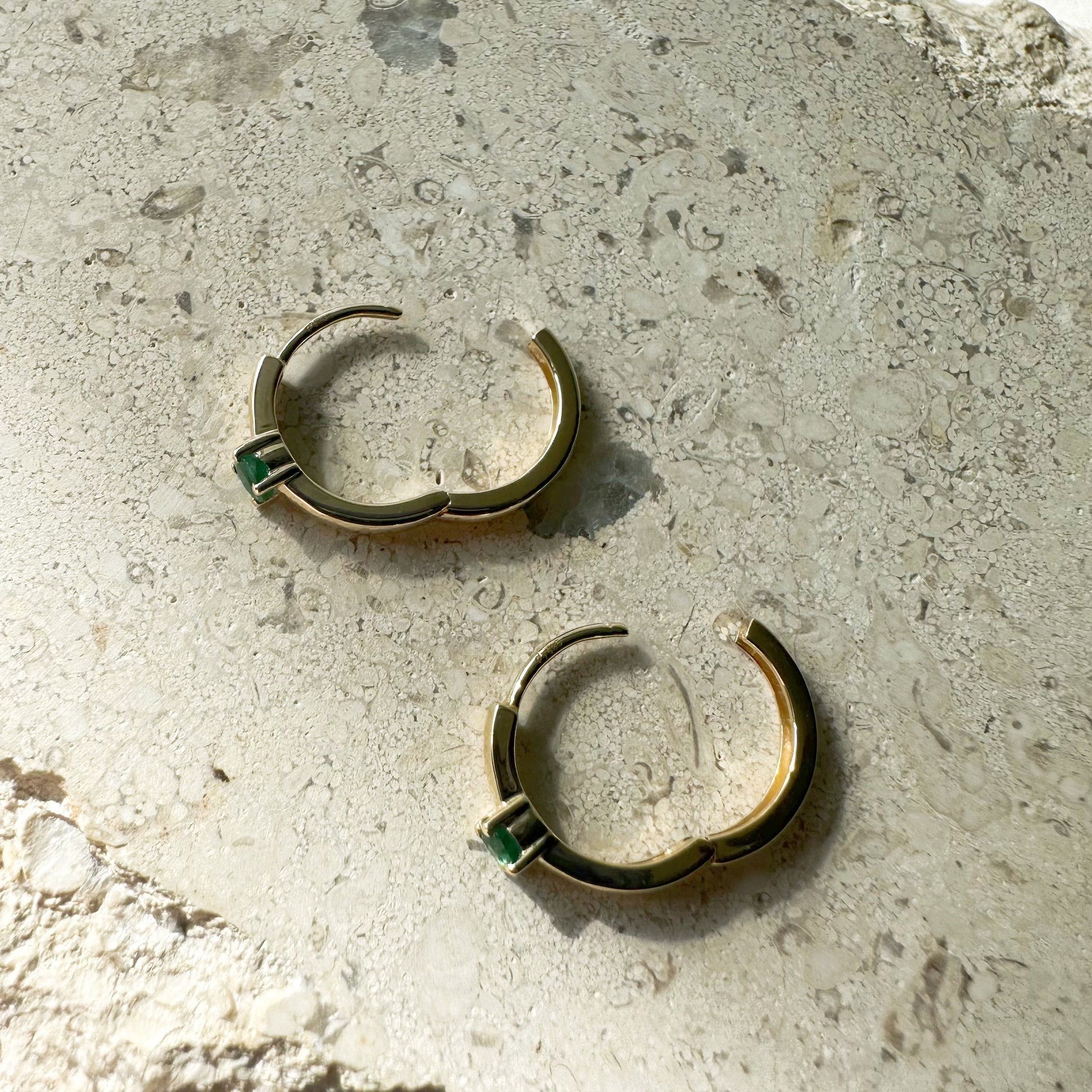 14K Solid Gold Genuine Emerald Hoops/Pair