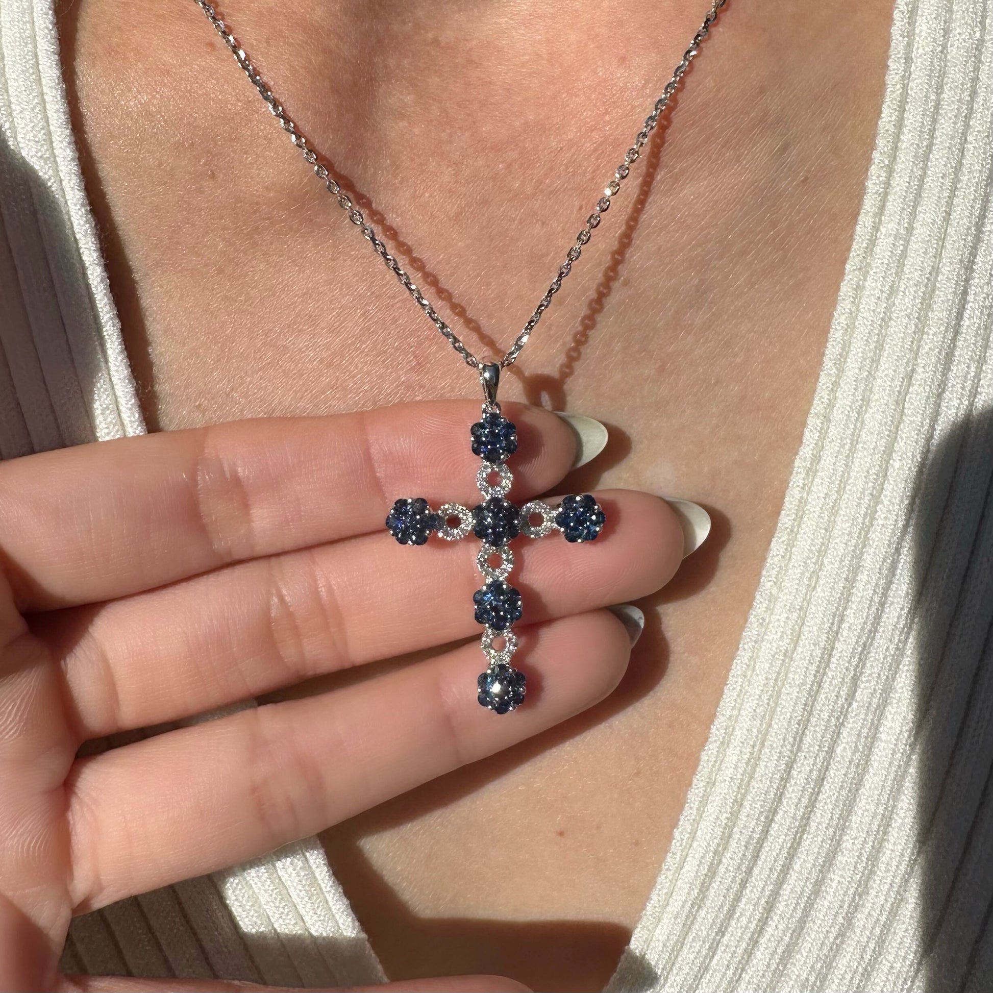 14K Solid Gold Genuine Diamond and Sapphire Large Flower Cross Pendant (pendant only)