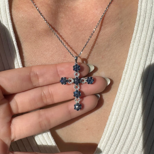 14K Solid Gold Genuine Diamond and Sapphire Large Flower Cross Pendant (pendant only)