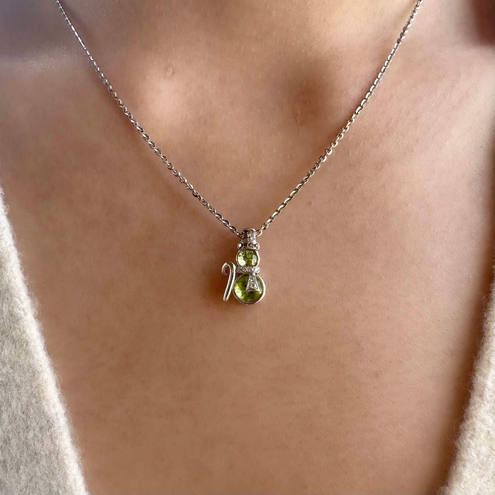 18K Solid Gold Genuine Peridot and Diamond Snowman Pendant (pendant only)