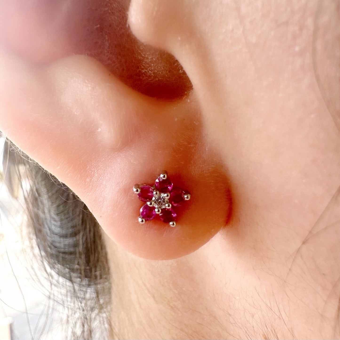 14K Solid Gold Genuine Ruby and Diamond Flower Studs/Pair