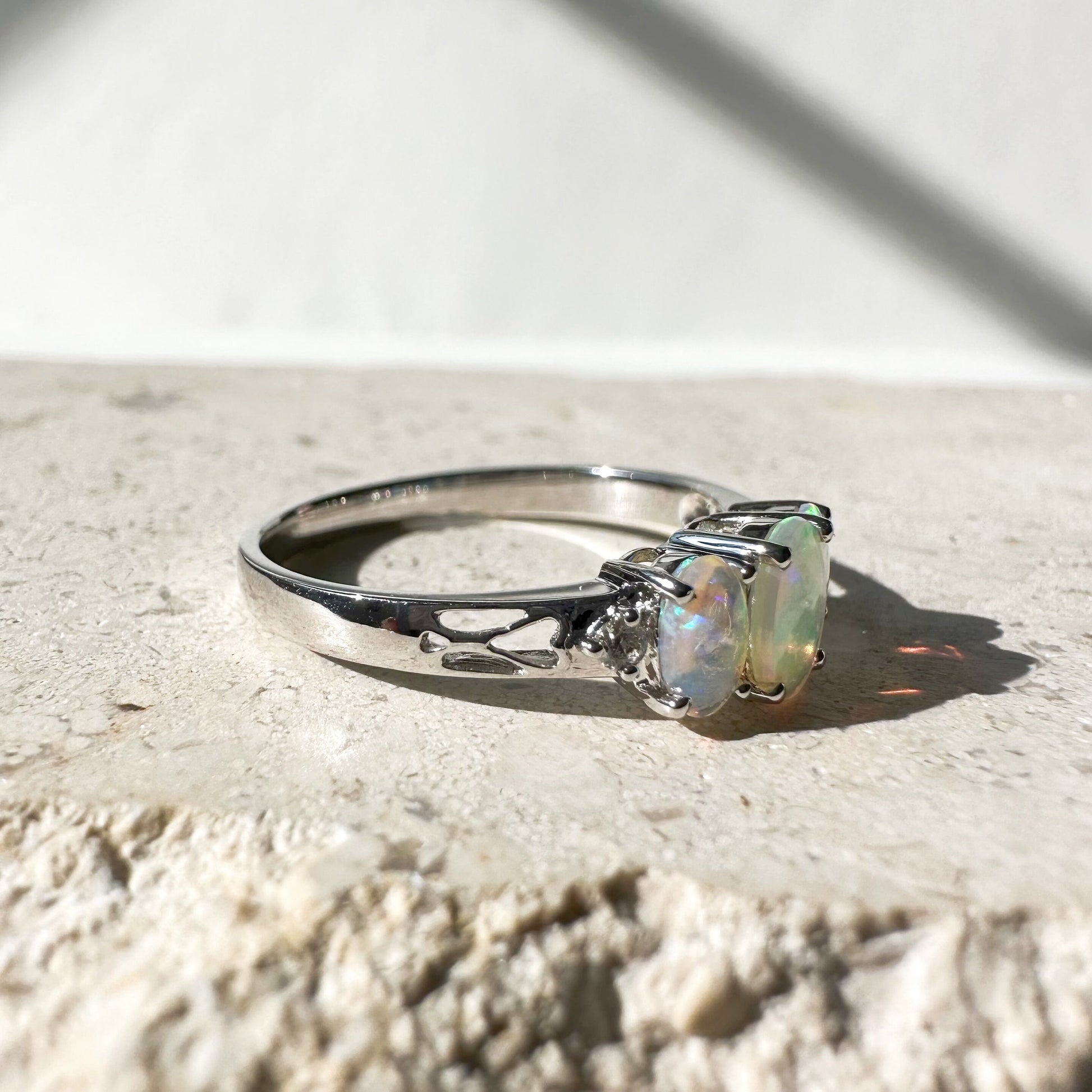 14K Solid Gold Genuine Opal and Diamond Ring