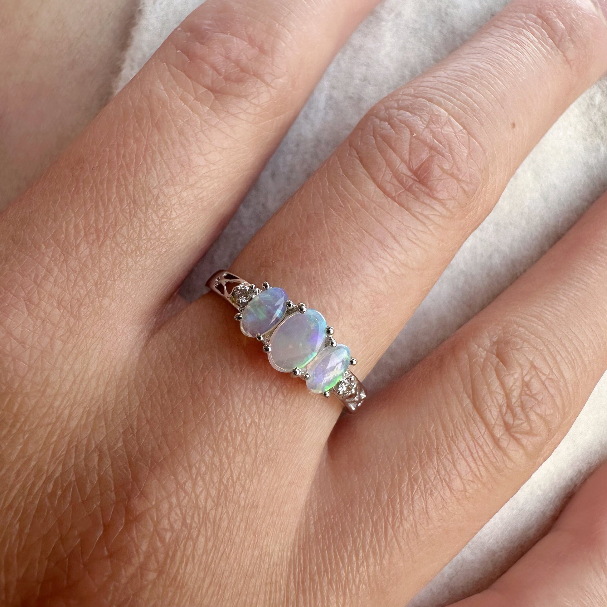 14K Solid Gold Genuine Opal and Diamond Ring