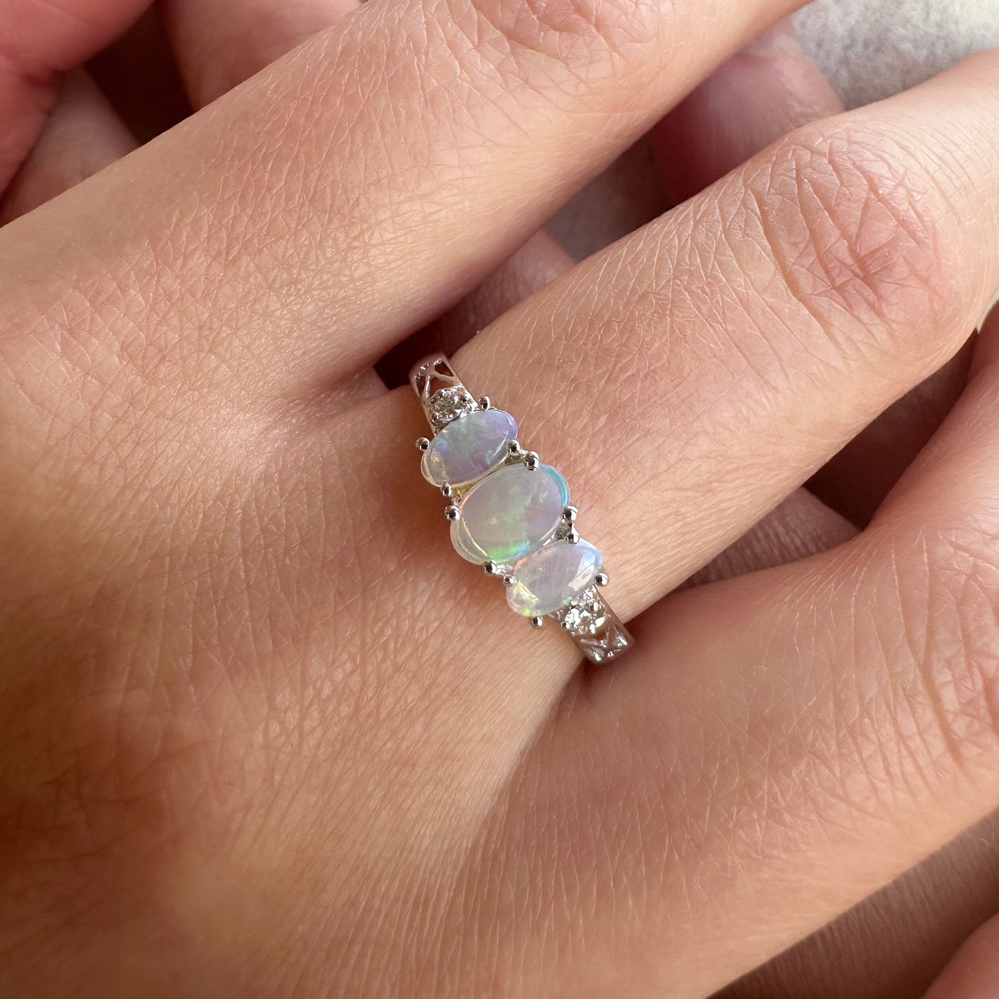 14K Solid Gold Genuine Opal and Diamond Ring