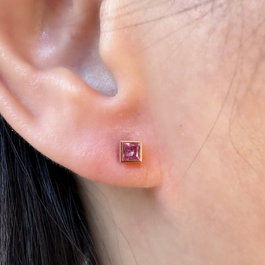 14K Solid Gold Genuine Pink Sapphire Bezel Square Studs/Pair