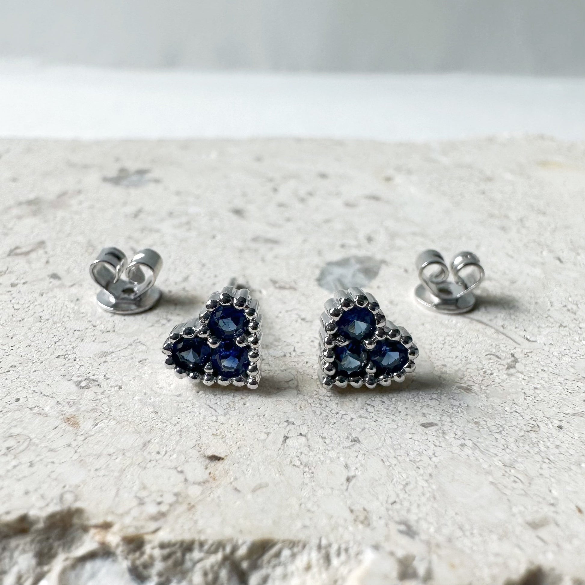 14K Solid Gold Genuine Sapphire Heart Studs/Pair