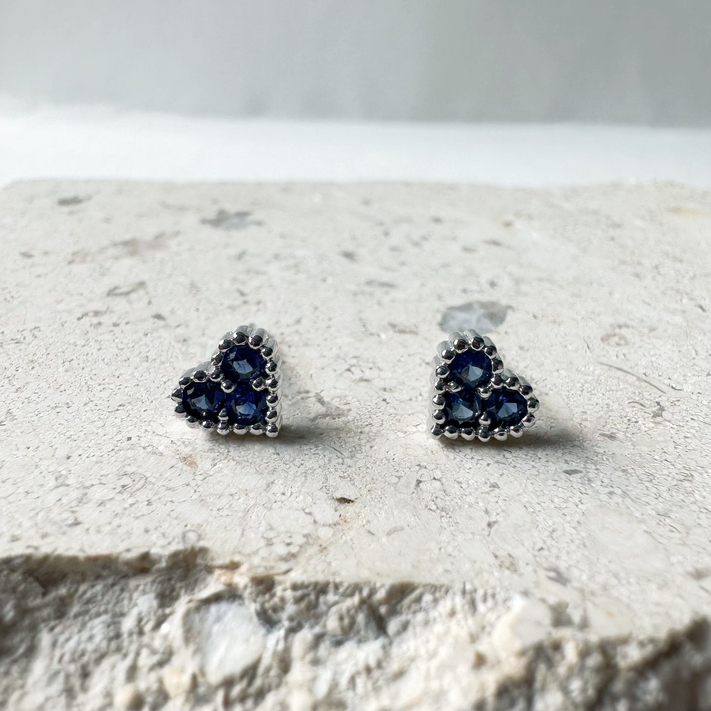 14K Solid Gold Genuine Sapphire Heart Studs/Pair