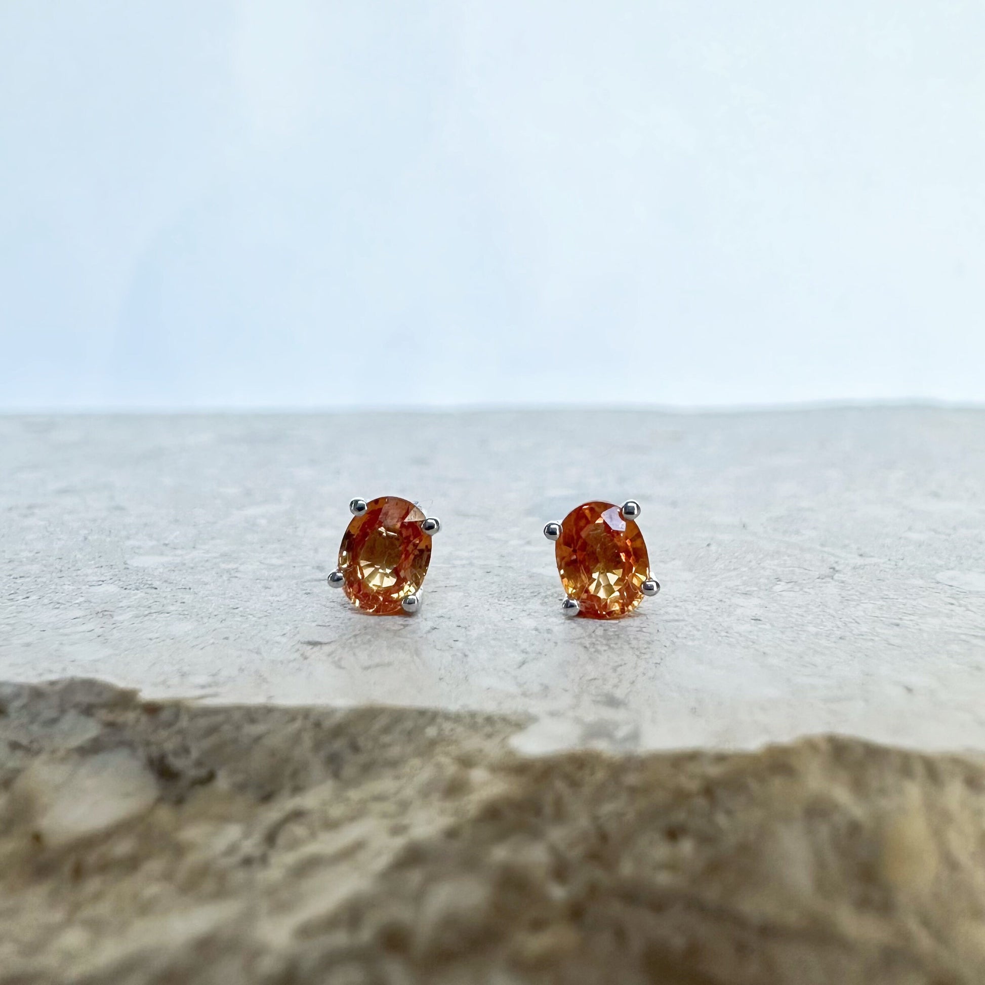 14K Solid Gold Genuine Orange Sapphire Oval Studs/Pair