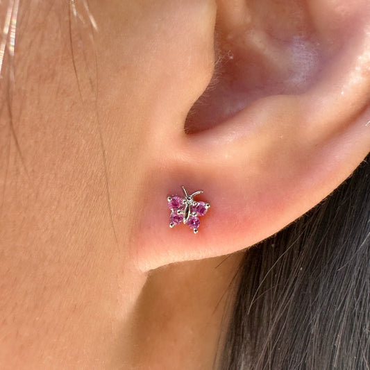 14K Solid Gold Genuine Pink Sapphire Butterfly Studs/Pair