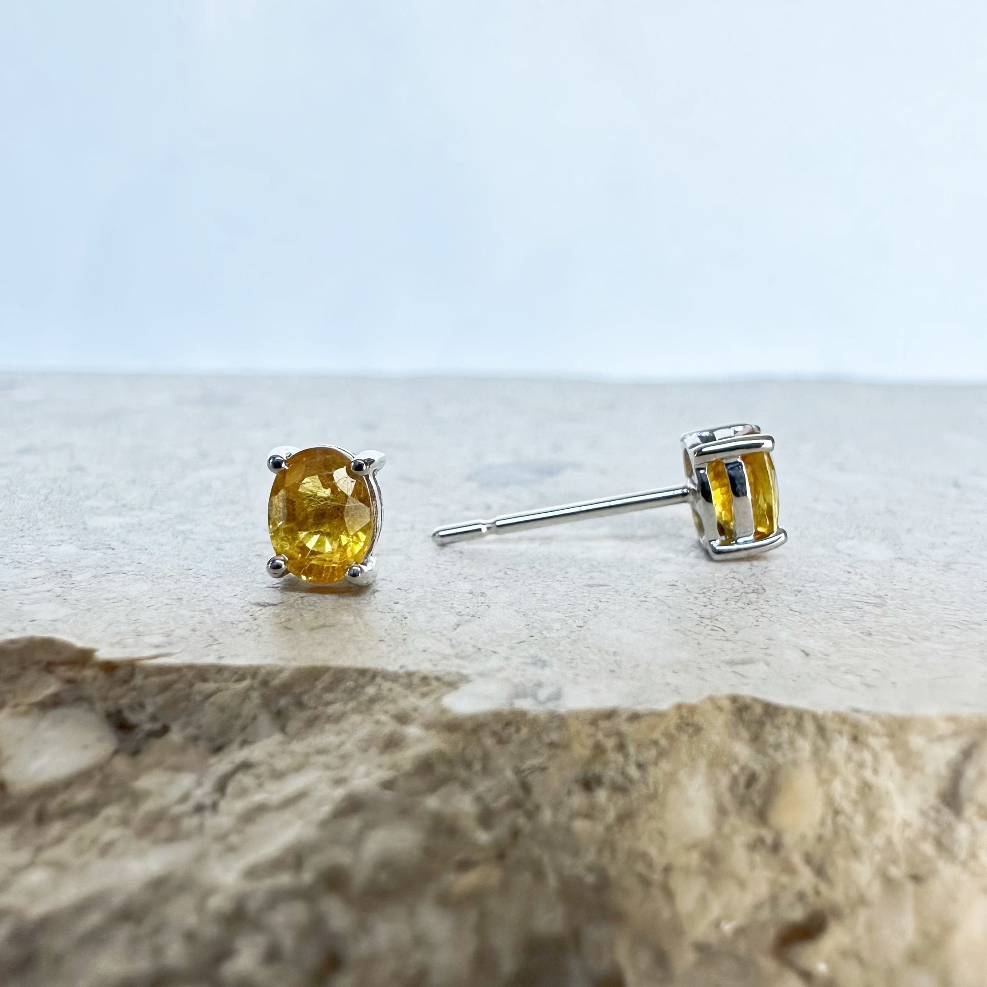 14K Solid Gold Genuine Yellow Sapphire Oval Studs/Pair