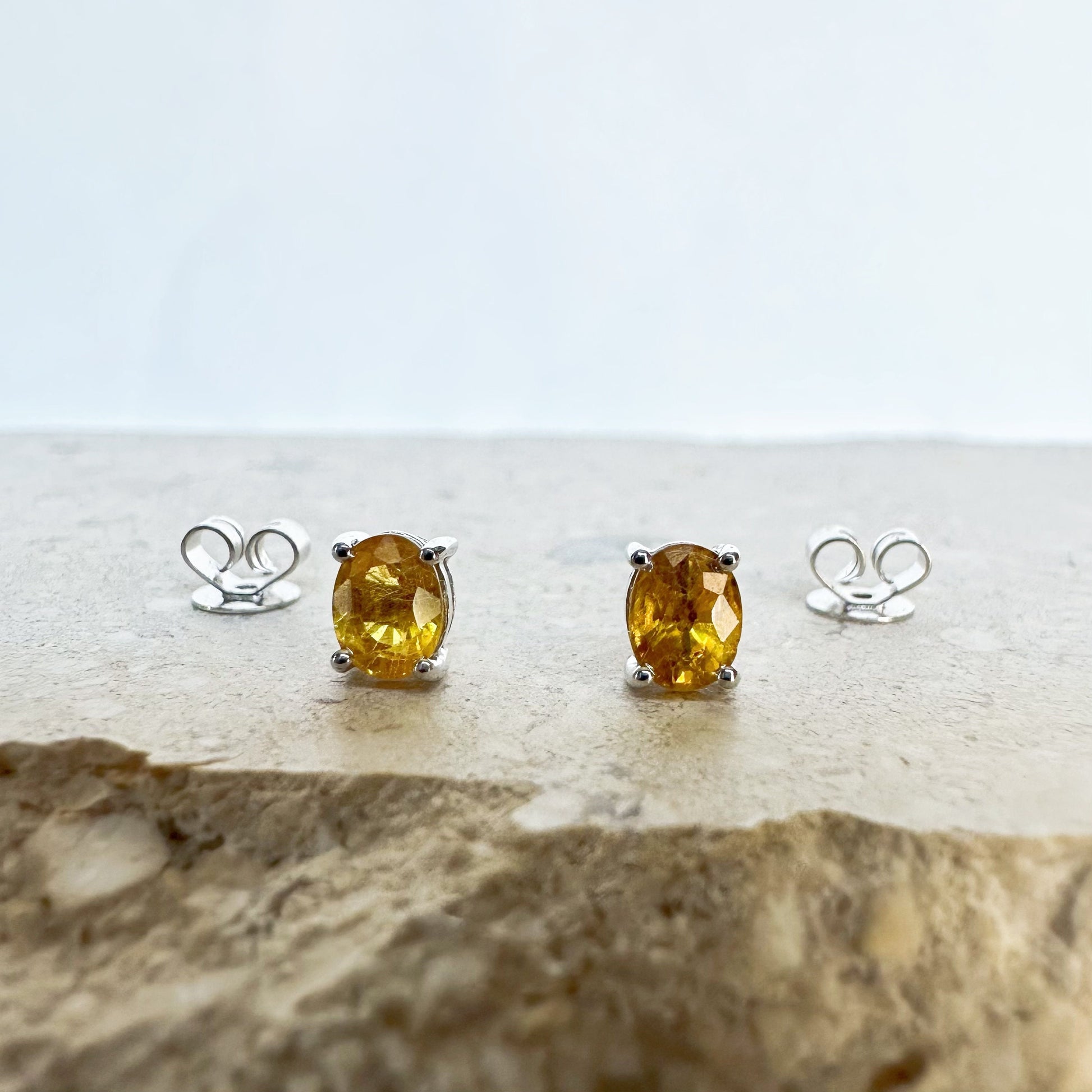 14K Solid Gold Genuine Yellow Sapphire Oval Studs/Pair