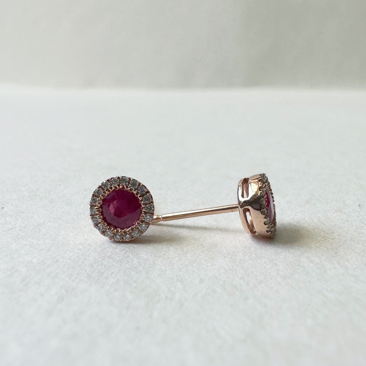 14K Solid Rose Gold Genuine Ruby and Diamond Circle Studs/Pair