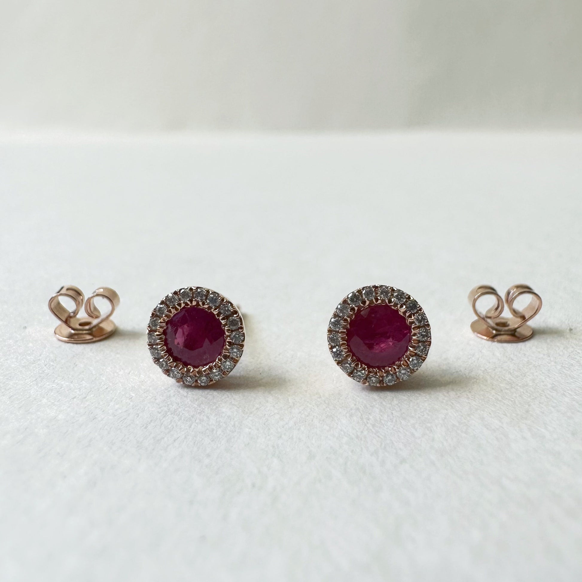 14K Solid Rose Gold Genuine Ruby and Diamond Circle Studs/Pair