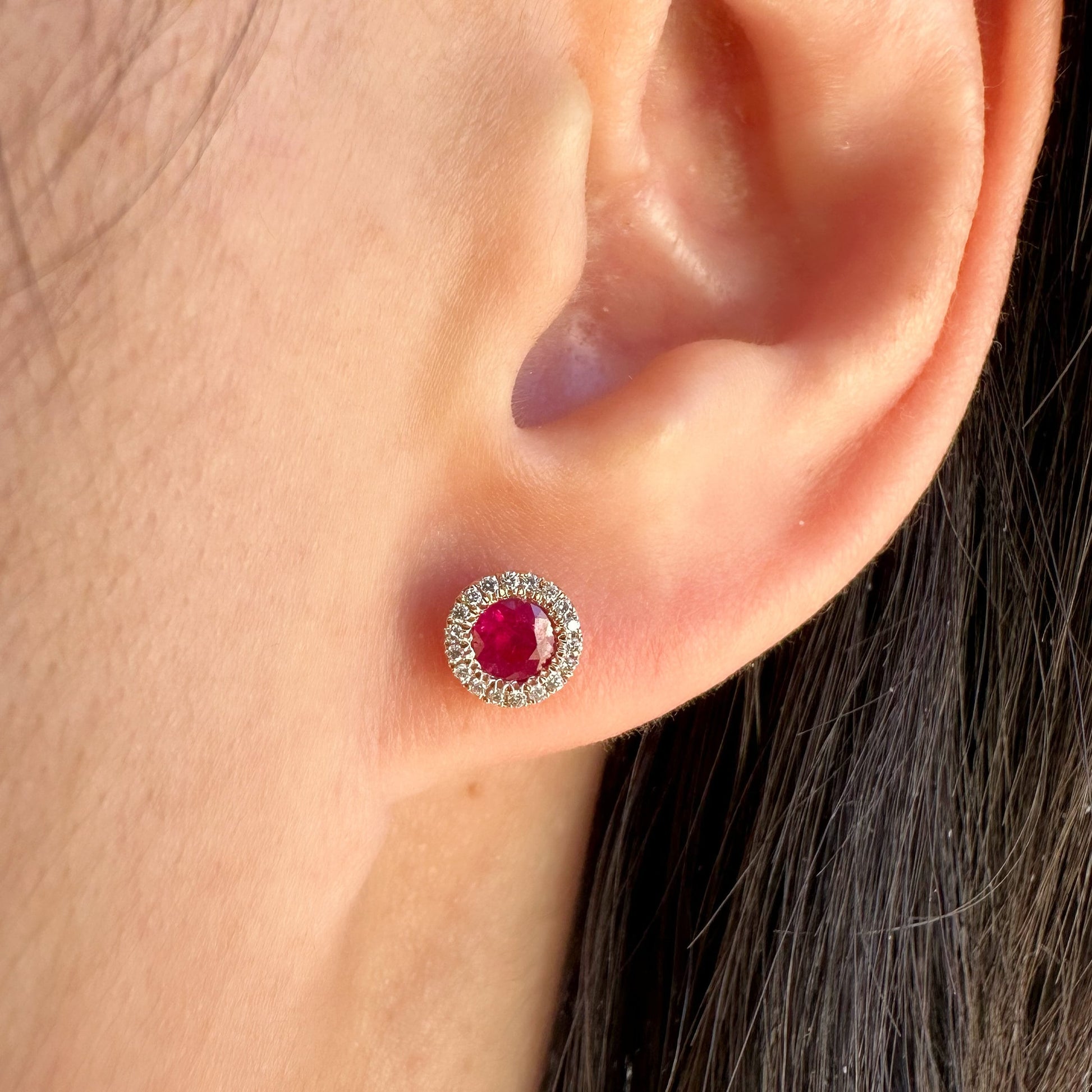 14K Solid Rose Gold Genuine Ruby and Diamond Circle Studs/Pair