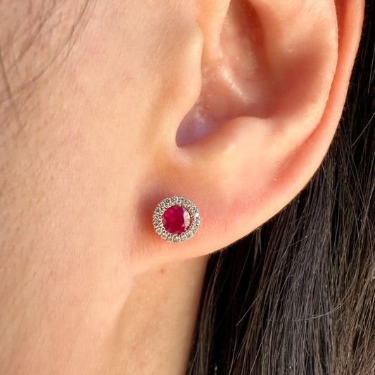 14K Solid Rose Gold Genuine Ruby and Diamond Circle Studs/Pair