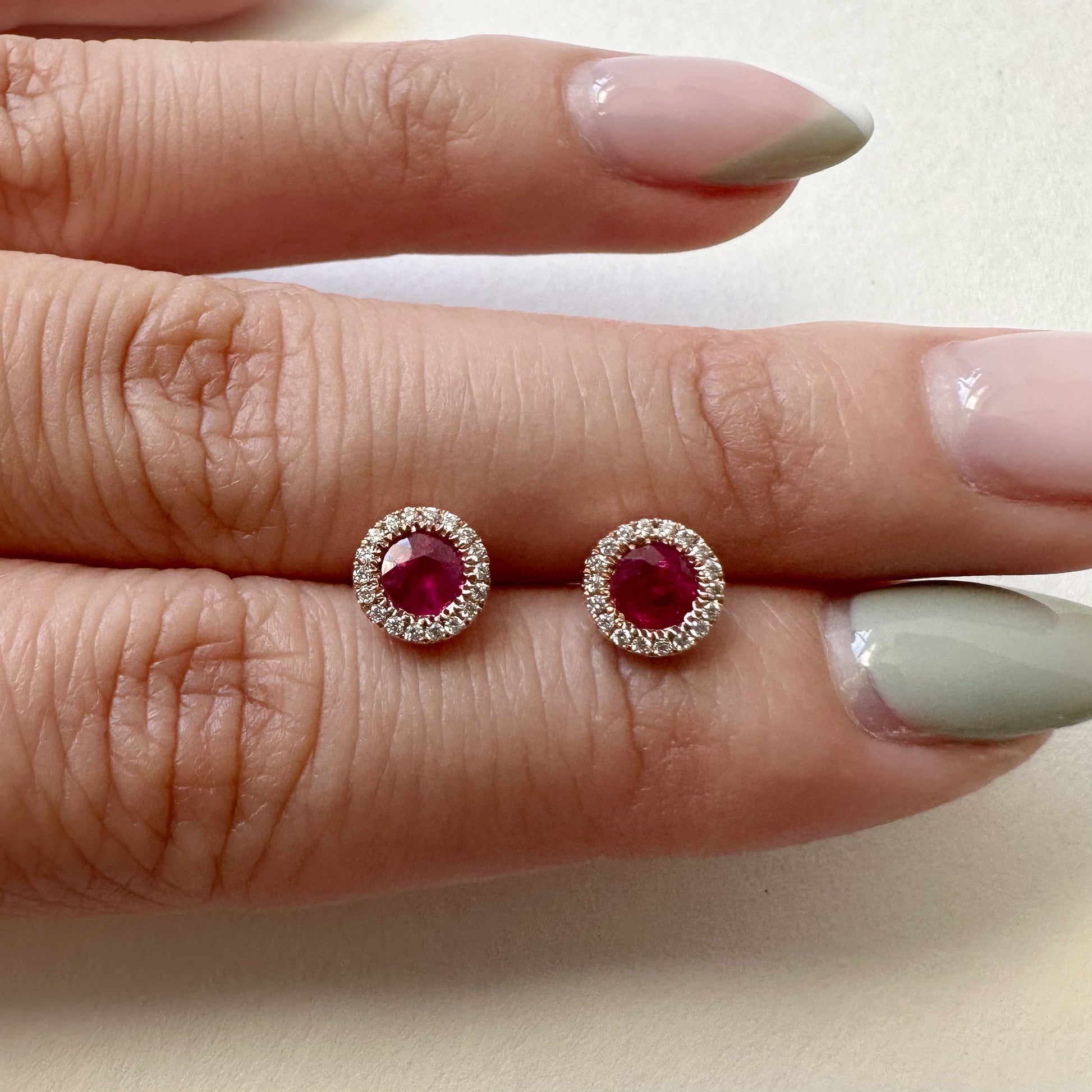 14K Solid Rose Gold Genuine Ruby and Diamond Circle Studs/Pair
