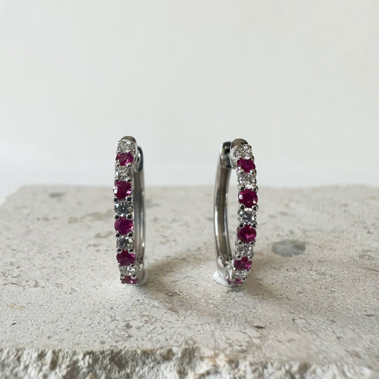 14K Solid White Gold Diamond and Sapphire/Ruby/Emerald Hoop/Pair