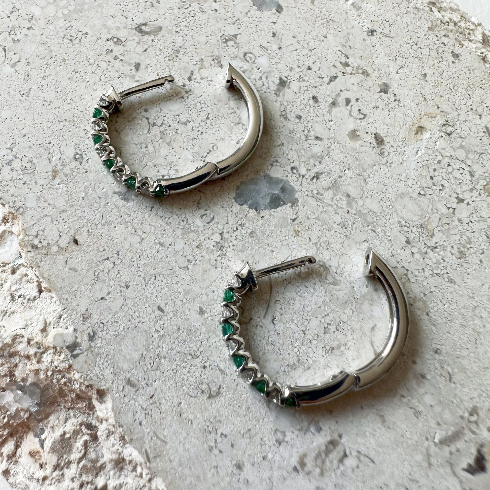 14K Solid White Gold Diamond and Sapphire/Ruby/Emerald Hoop/Pair