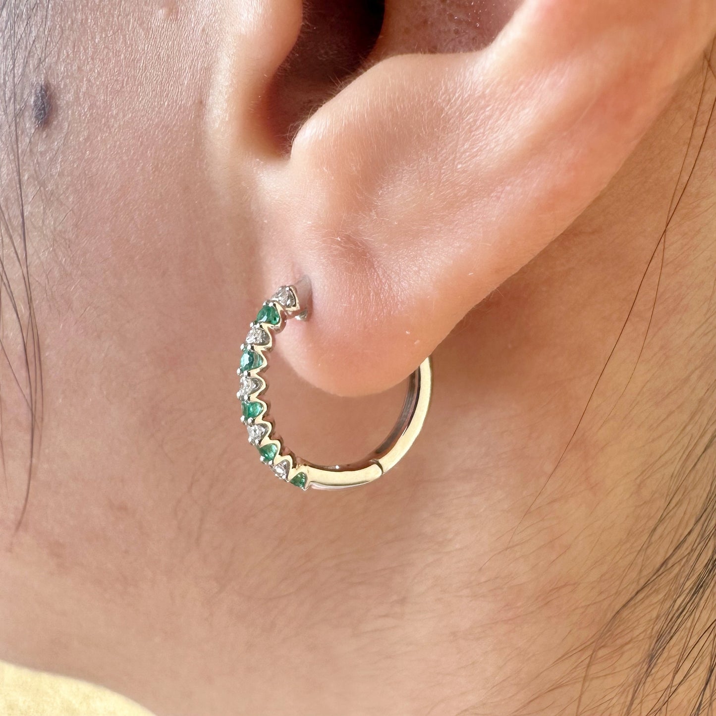 14K Solid White Gold Diamond and Sapphire/Ruby/Emerald Hoop/Pair