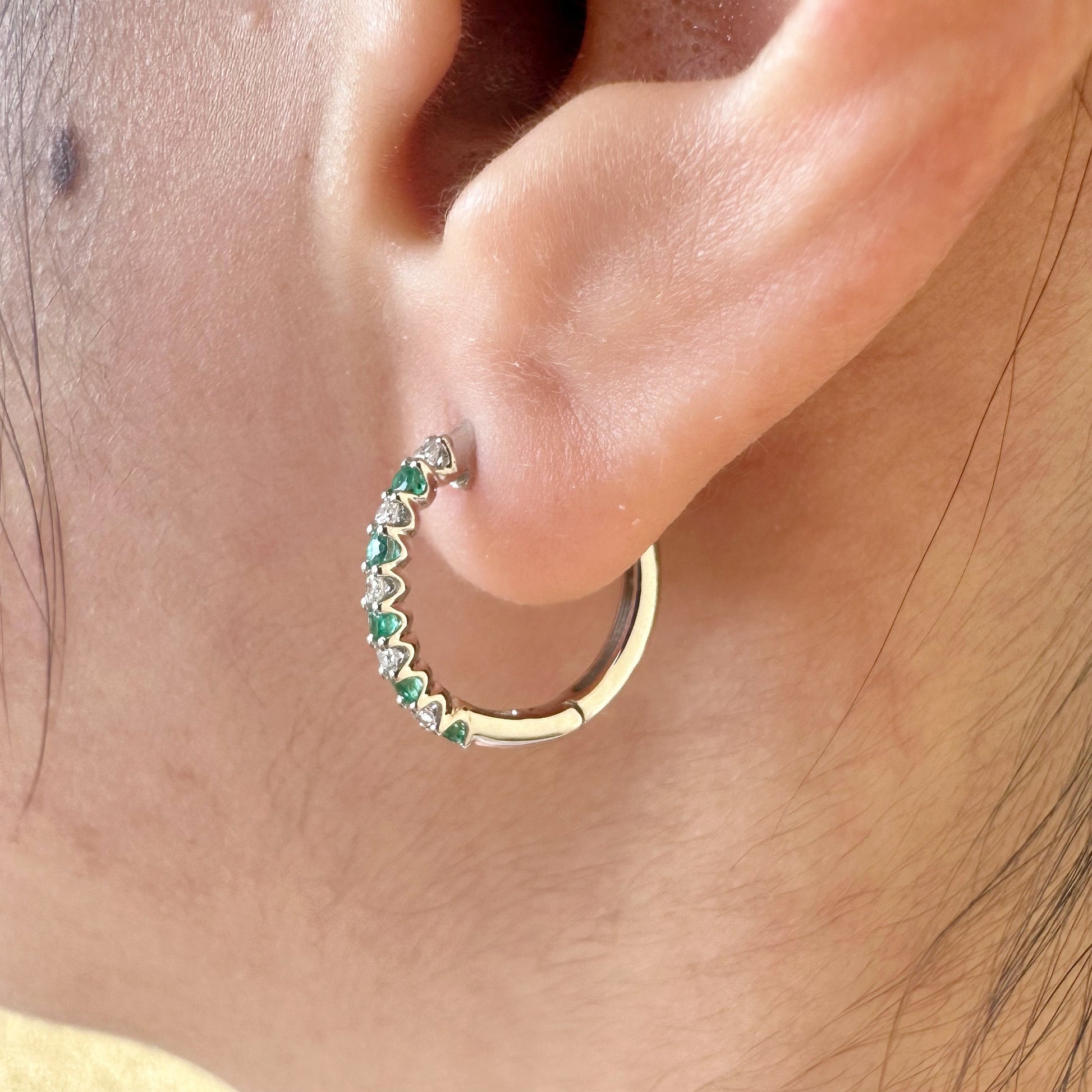 14K Solid White Gold Diamond and Sapphire/Ruby/Emerald Hoop/Pair