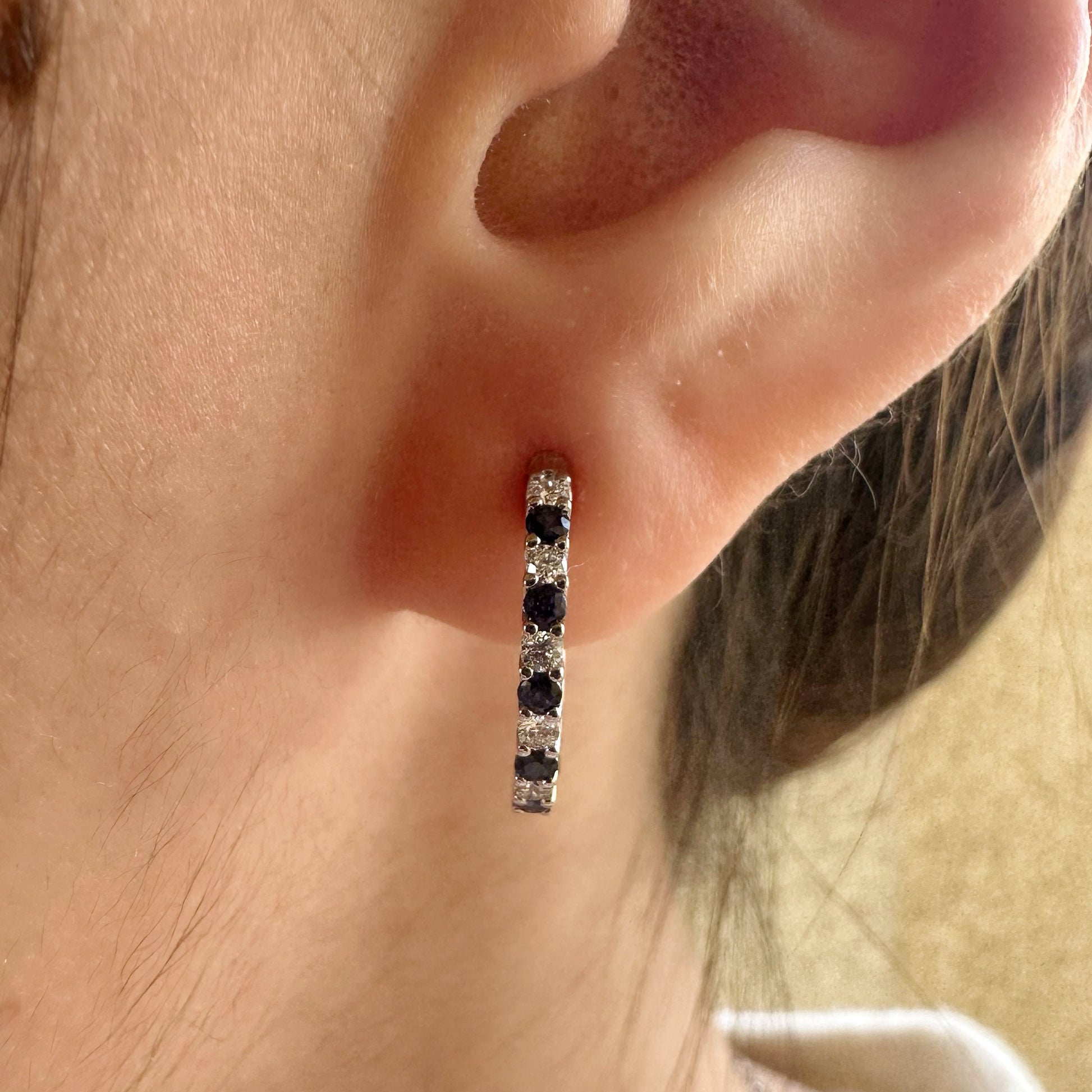 14K Solid White Gold Diamond and Sapphire/Ruby/Emerald Hoop/Pair