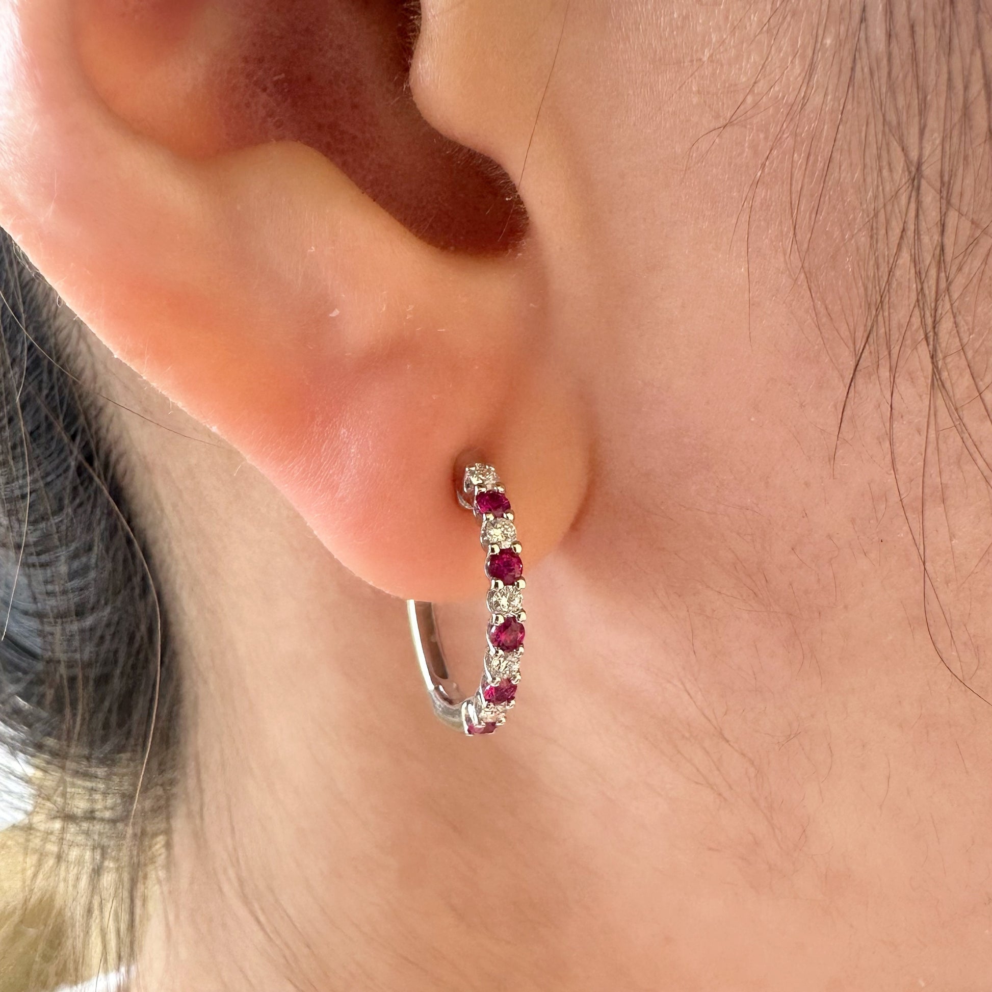 14K Solid White Gold Diamond and Sapphire/Ruby/Emerald Hoop/Pair
