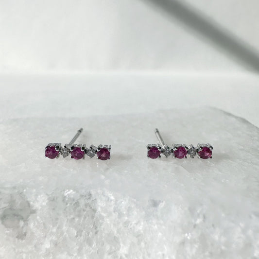 14K Solid White Gold Genuine Ruby and Diamond Bar Studs/Pair