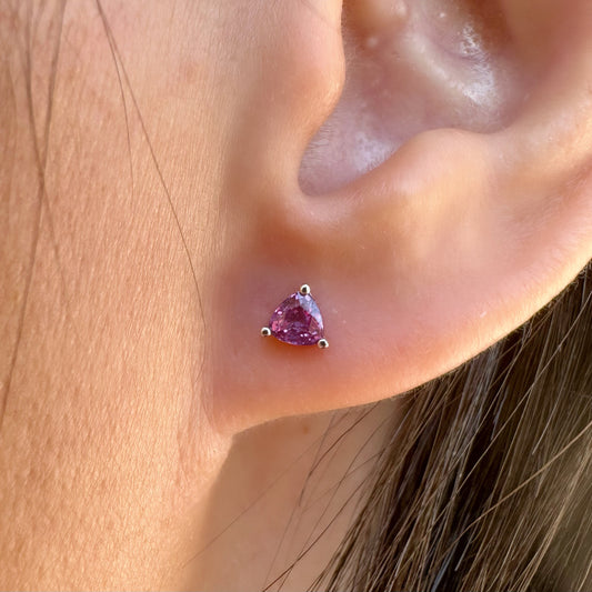 14K Solid Gold Genuine Pink Sapphire Triangle Studs/Pair