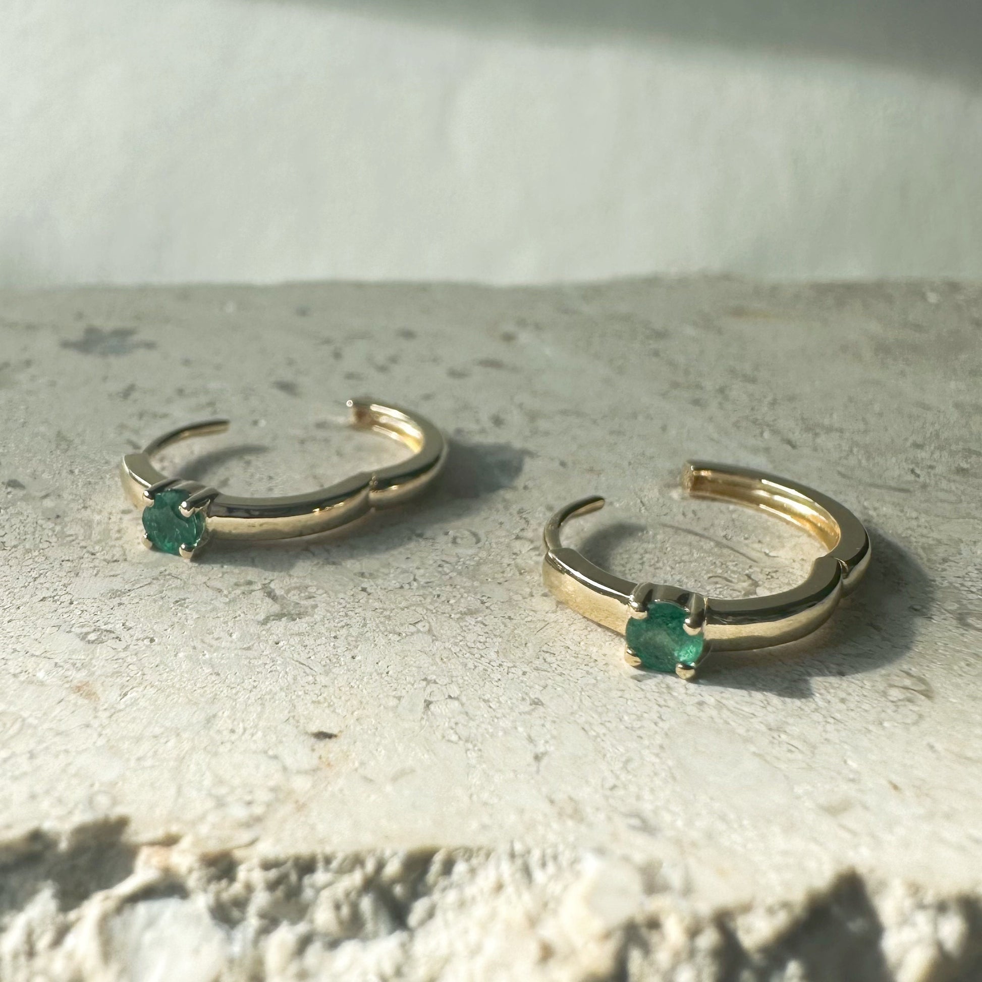 14K Solid Gold Genuine Emerald Hoops/Pair