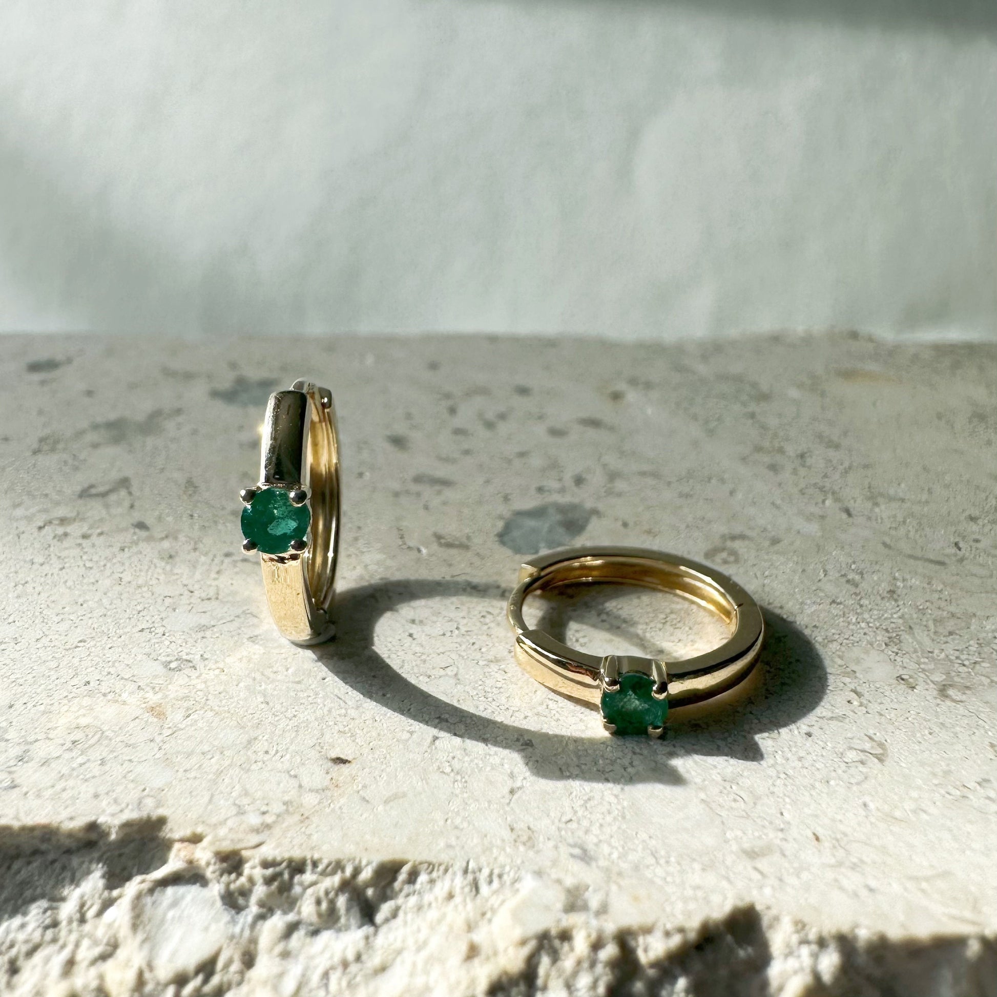 14K Solid Gold Genuine Emerald Hoops/Pair