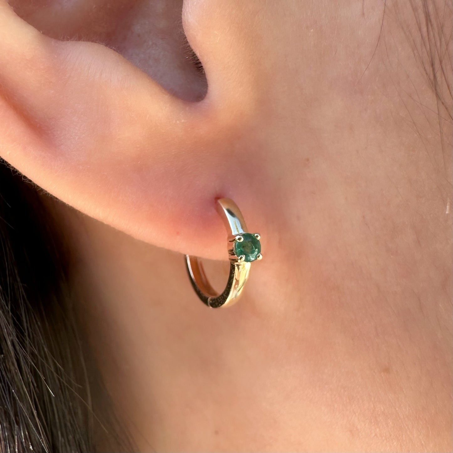 14K Solid Gold Genuine Emerald Hoops/Pair