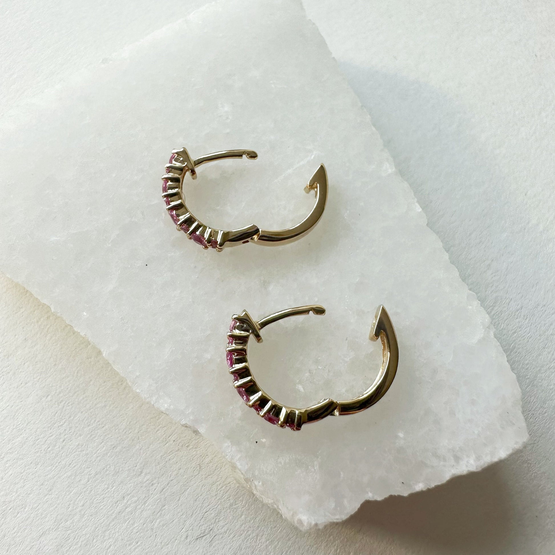 14K Solid Gold Genuine Pink Sapphire Hoops/Pair