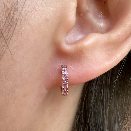 14K Solid Gold Genuine Pink Sapphire Hoops/Pair