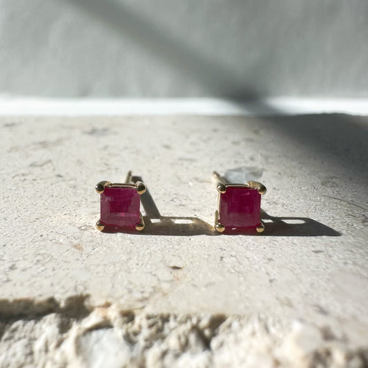 14K Solid Gold Genuine 4mm Ruby Square Studs/Pair