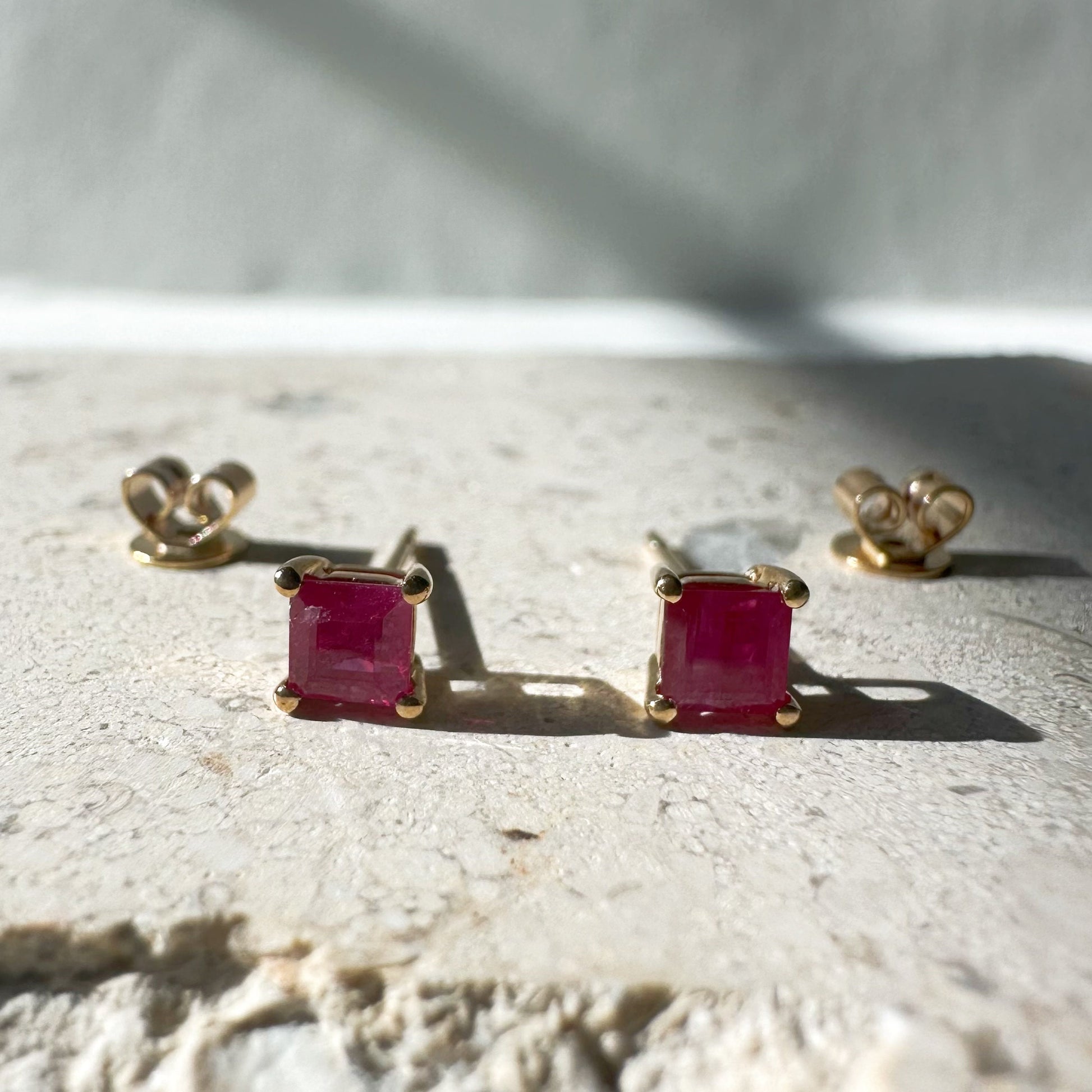 14K Solid Gold Genuine 4mm Ruby Square Studs/Pair