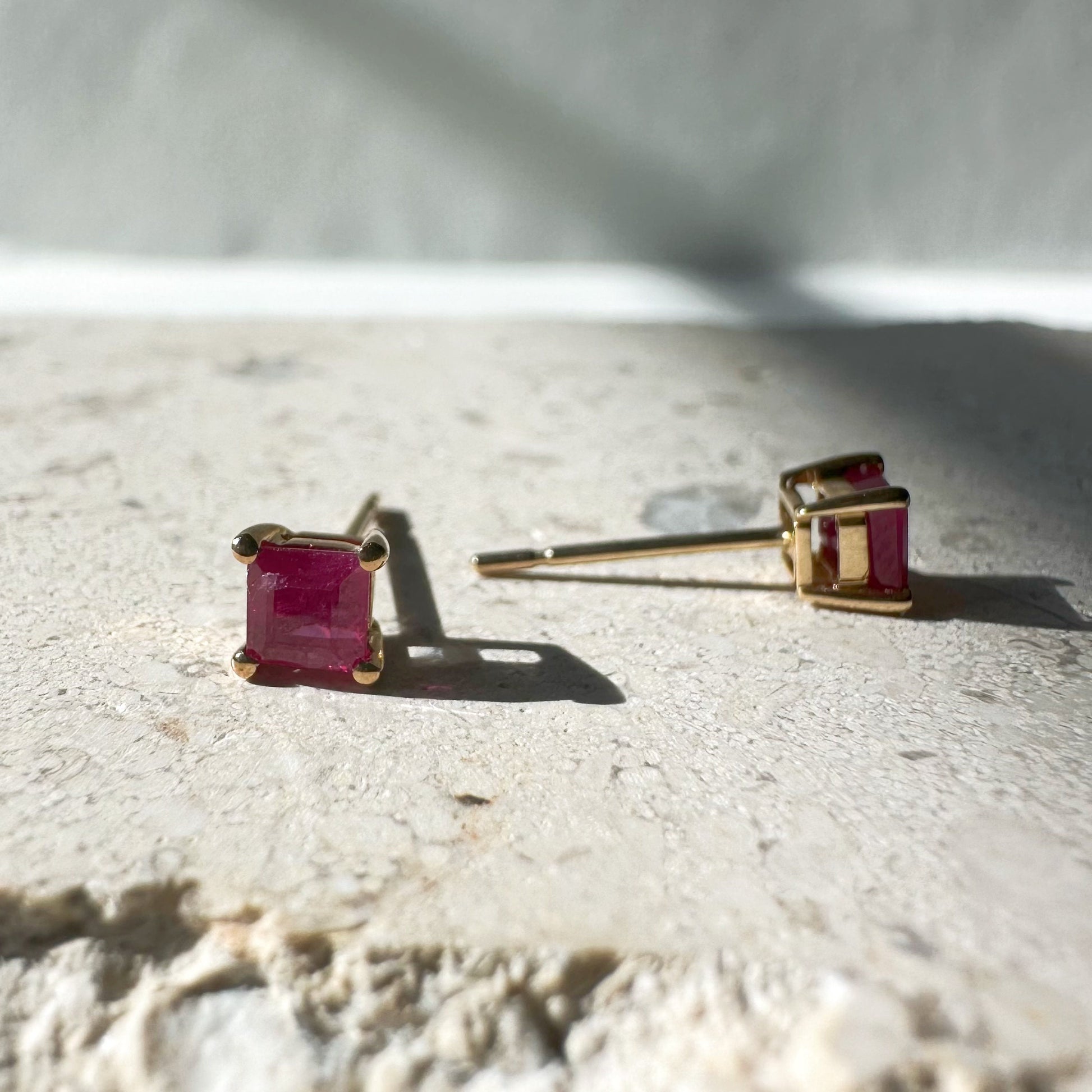 14K Solid Gold Genuine 4mm Ruby Square Studs/Pair