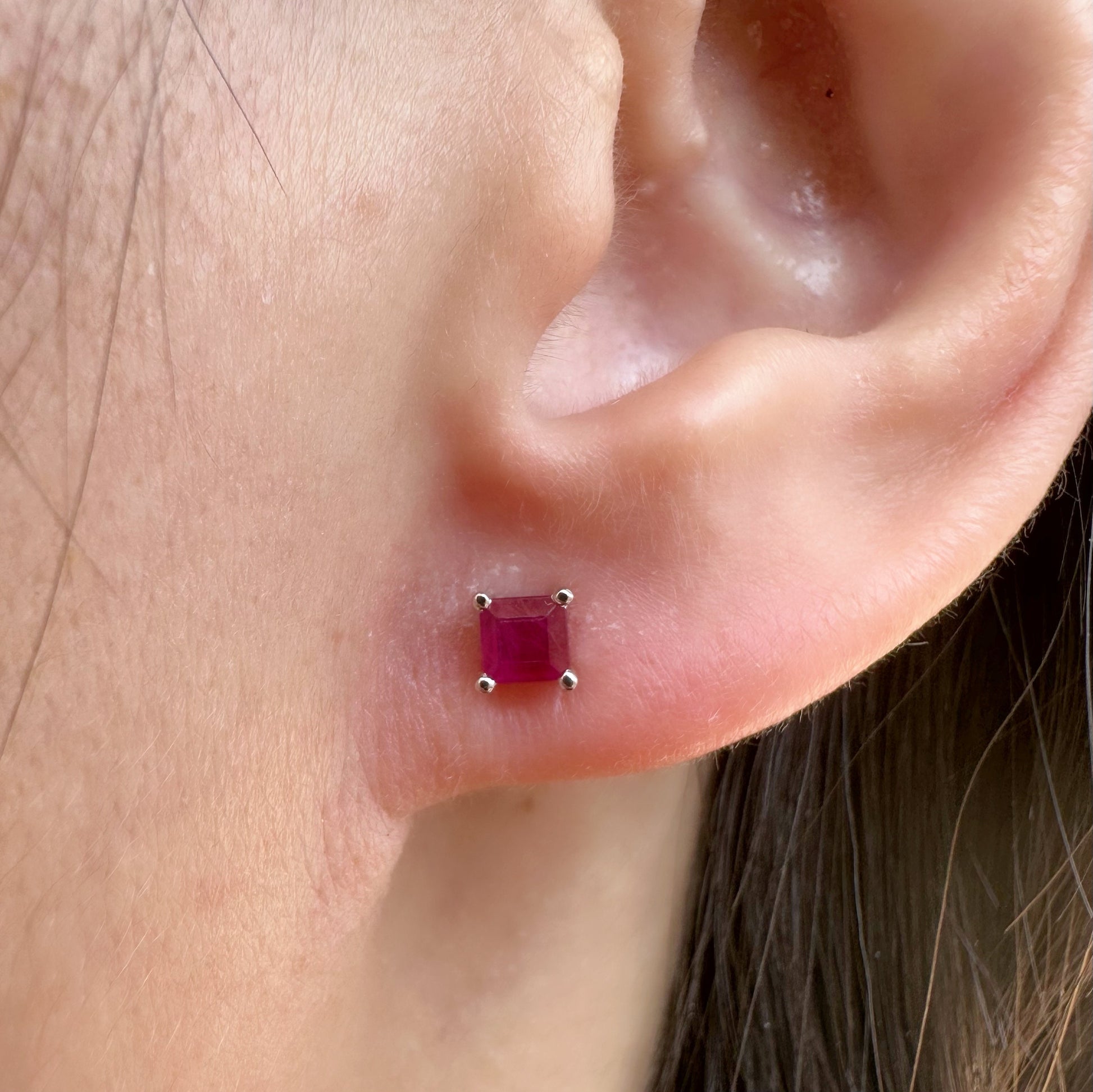 14K Solid Gold Genuine 4mm Ruby Square Studs/Pair