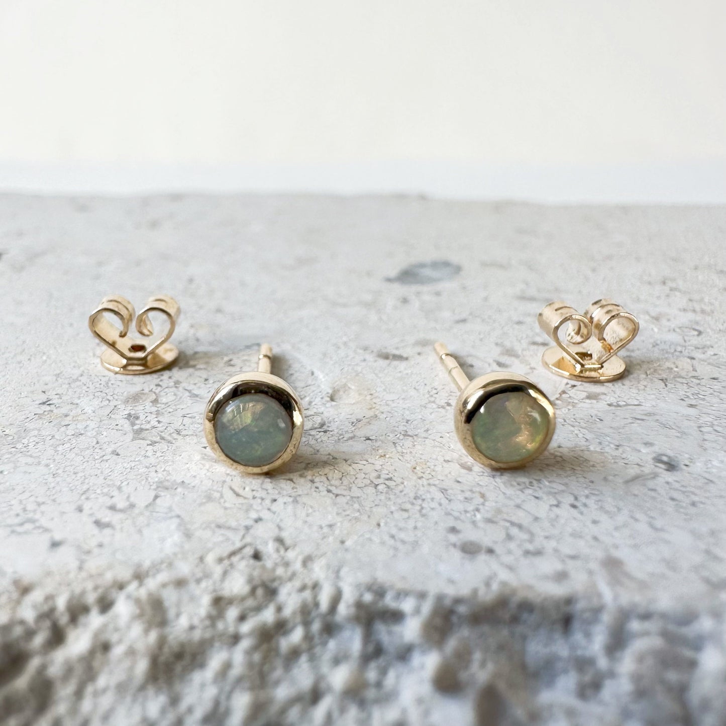 14K Solid Gold Genuine Opal Bezel Studs/Pair